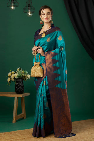 Aqua Blue Banarasi Silk Saree_Kumari Sarees