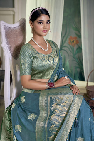Aqua Blue Pure Silk Creep Saree_Kumari Sarees