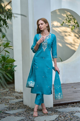 Aqua Blue Chanderi Jcard With Embroidery Kurta Set_Kumari Sarees