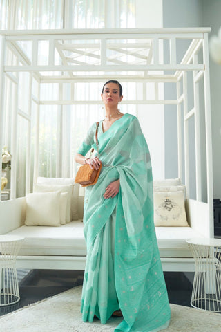 AQUA BLUE CHICKANKARI LUCKNOWI WAVING SAREE