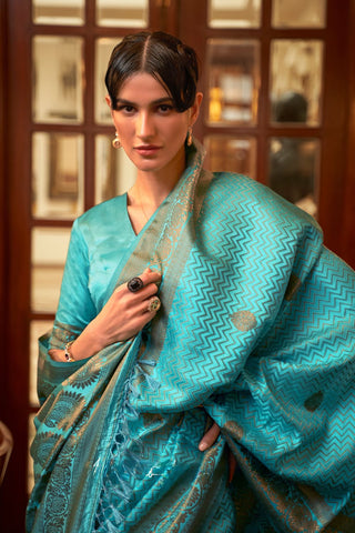 AQUA BLUE PURE SATIN WEAVING SILK SAREE