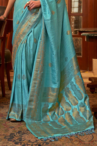 AQUA BLUE PURE SATIN WEAVING SILK SAREE