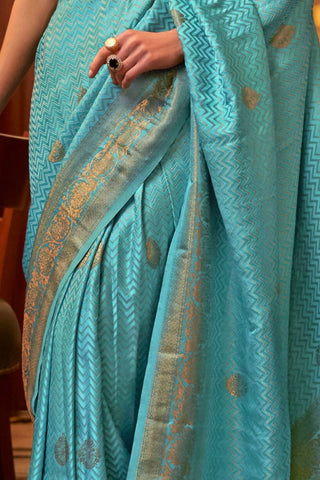 AQUA BLUE PURE SATIN WEAVING SILK SAREE