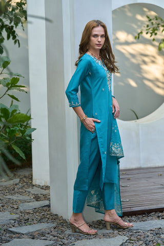 Aqua Blue Chanderi Jcard With Embroidery Kurta Set_Kumari Sarees