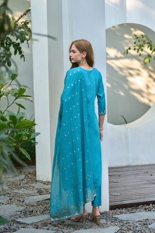 Aqua Blue Chanderi Jcard With Embroidery Kurta Set_Kumari Sarees