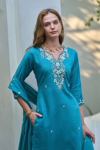 Aqua Blue Chanderi Jcard With Embroidery Kurta Set_Kumari Sarees