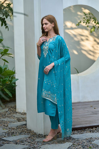 Aqua Blue Chanderi Jcard With Embroidery Kurta Set_Kumari Sarees