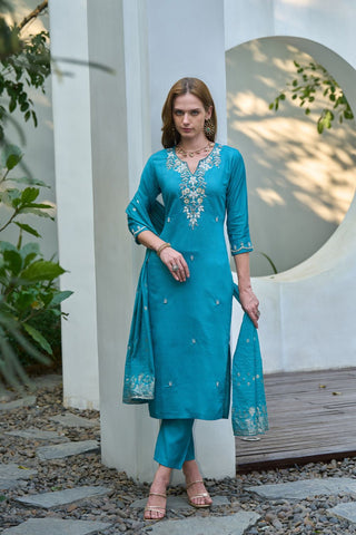 Aqua Blue Chanderi Jcard With Embroidery Kurta Set_Kumari Sarees