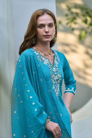 Aqua Blue Chanderi Jcard With Embroidery Kurta Set_Kumari Sarees