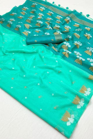 Aqua Blue Tussar Handloom Weaving Silk Saree