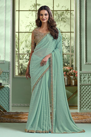 AQUA BLUE GOLD WEAVE CHIFFON SAREE