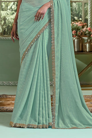 AQUA BLUE GOLD WEAVE CHIFFON SAREE