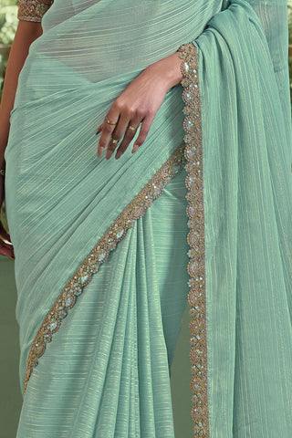 AQUA BLUE GOLD WEAVE CHIFFON SAREE