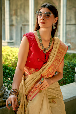 BEIGE TISSUE SILK SAREE