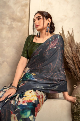 BLACK MIST FLORAL SOFT SATIN SILK SAREE