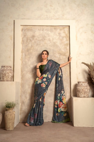 BLACK MIST FLORAL SOFT SATIN SILK SAREE