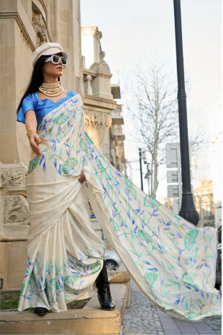 BLUE AND CREAM PRINTED SATIN CREPE SAREE