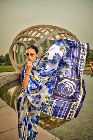 BLUE PRINTED SATIN CREPE SAREE