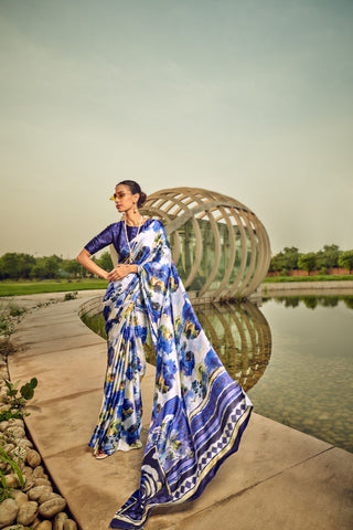 BLUE PRINTED SATIN CREPE SAREE