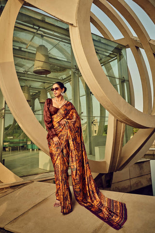 BROWN PRINTED SATIN CREPE SAREE 1