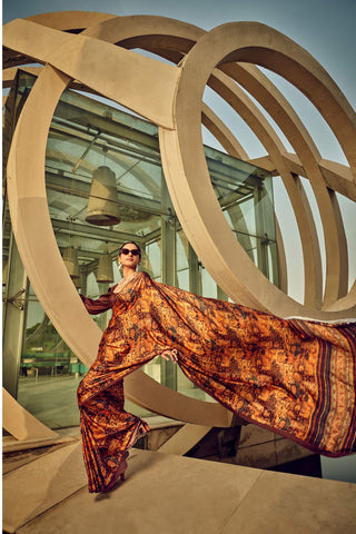 BROWN PRINTED SATIN CREPE SAREE 2