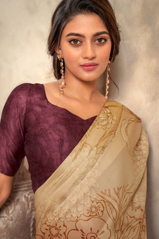 BURGUNDY & CREAM SOFT SATIN SILK SAREE