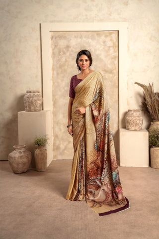 BURGUNDY & CREAM SOFT SATIN SILK SAREE