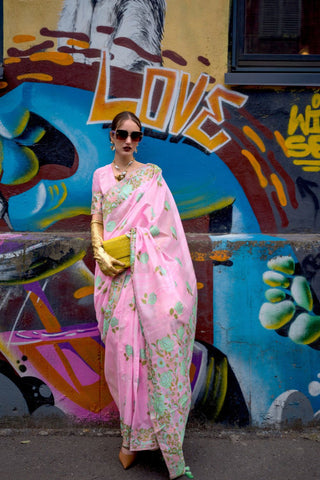 Baby Pink Parsi Weaving - Handwoven Textured Silk Saree