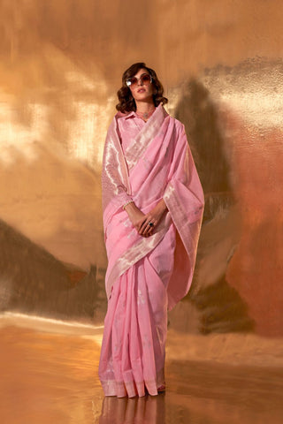 BABY PINK HANDWOVEN LINEN SAREES