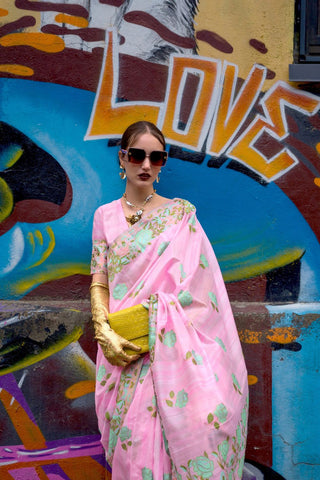 Baby Pink Parsi Weaving - Handwoven Textured Silk Saree