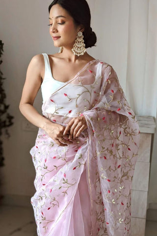 BABY PINK ORGANZA EMBROIDERED SAREE