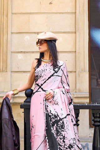 BABY PINK PRINT SATIN CREPE SAREES