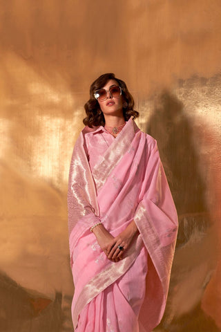 BABY PINK HANDWOVEN LINEN SAREES