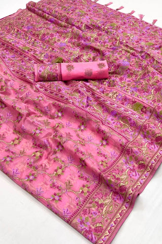 Baby Pink Organza Parsi Handloom Weaving Silk Saree_umari Sarees