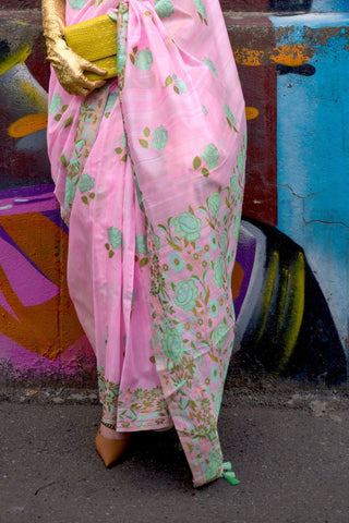 Baby Pink Parsi Weaving - Handwoven Textured Silk Saree