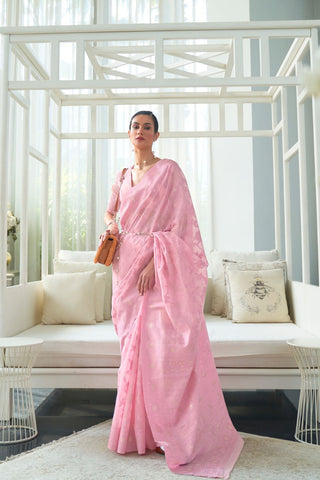 BABY PINK CHICKANKARI LUCKNOWI WAVING SAREE