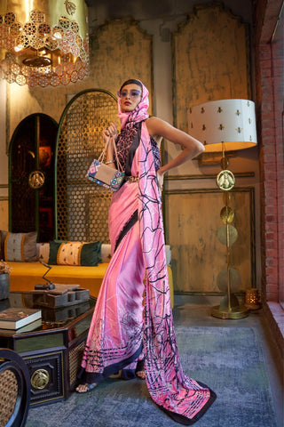 BABY PINK PRINTED JAPAN SATIN CREPE SAREE