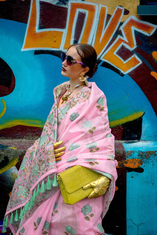 Baby Pink Parsi Weaving - Handwoven Textured Silk Saree