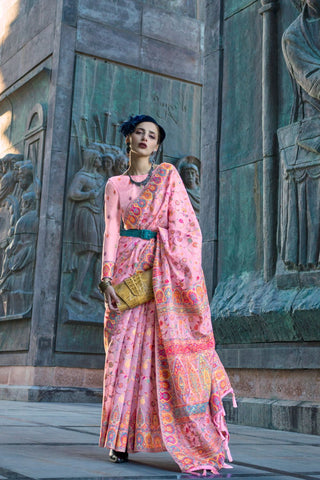 Baby Pink Organza Kashmiri Handloom Weaving Saree