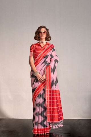 BABY PINK PRINTED AJRAKH HANDWOVEN SILK SAREE