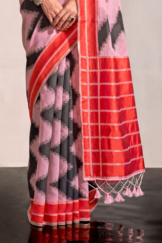 Baby Pink Printed Ajrakh Handwoven Silk Saree