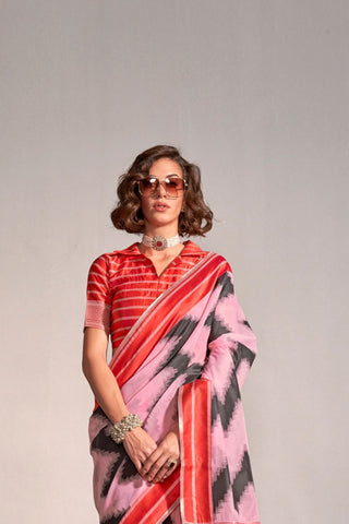 Baby Pink Printed Ajrakh Handwoven Silk Saree