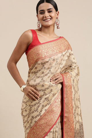 Beige Chanderi Cotton Silk Saree