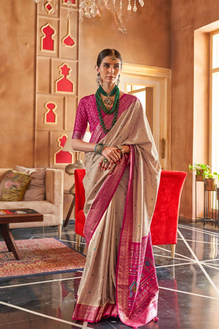 Beige Patola Silk Saree With Sambalpuri Pallu_Kumari Sarees