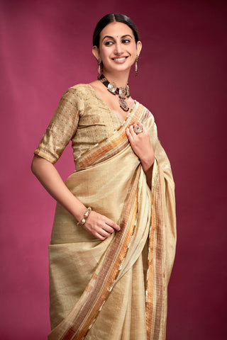 Beige Tussar Saree with Hand based Work