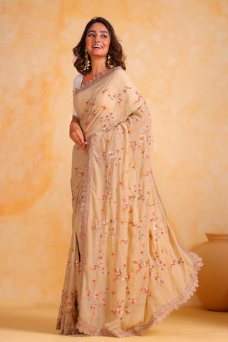 BEIGE SEQUINS GEORGETTE SAREE