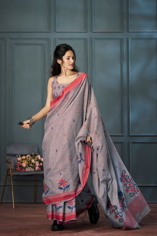 GREY HANDLOOM LINEN SAREE