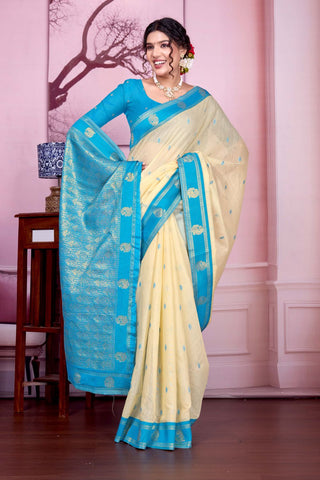 Beige Pure Handloom Cotton With Gold Zari Silk Saree_Kumari Sarees