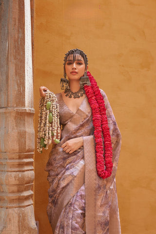 Beige Handloom Tussar Linen Saree_Kumari Sarees