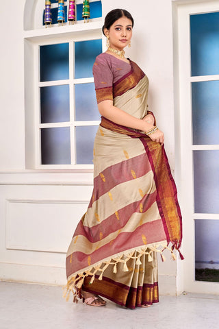 Beige Paithni Cotton Silk Gold Weaving Border_Kumari Sarees